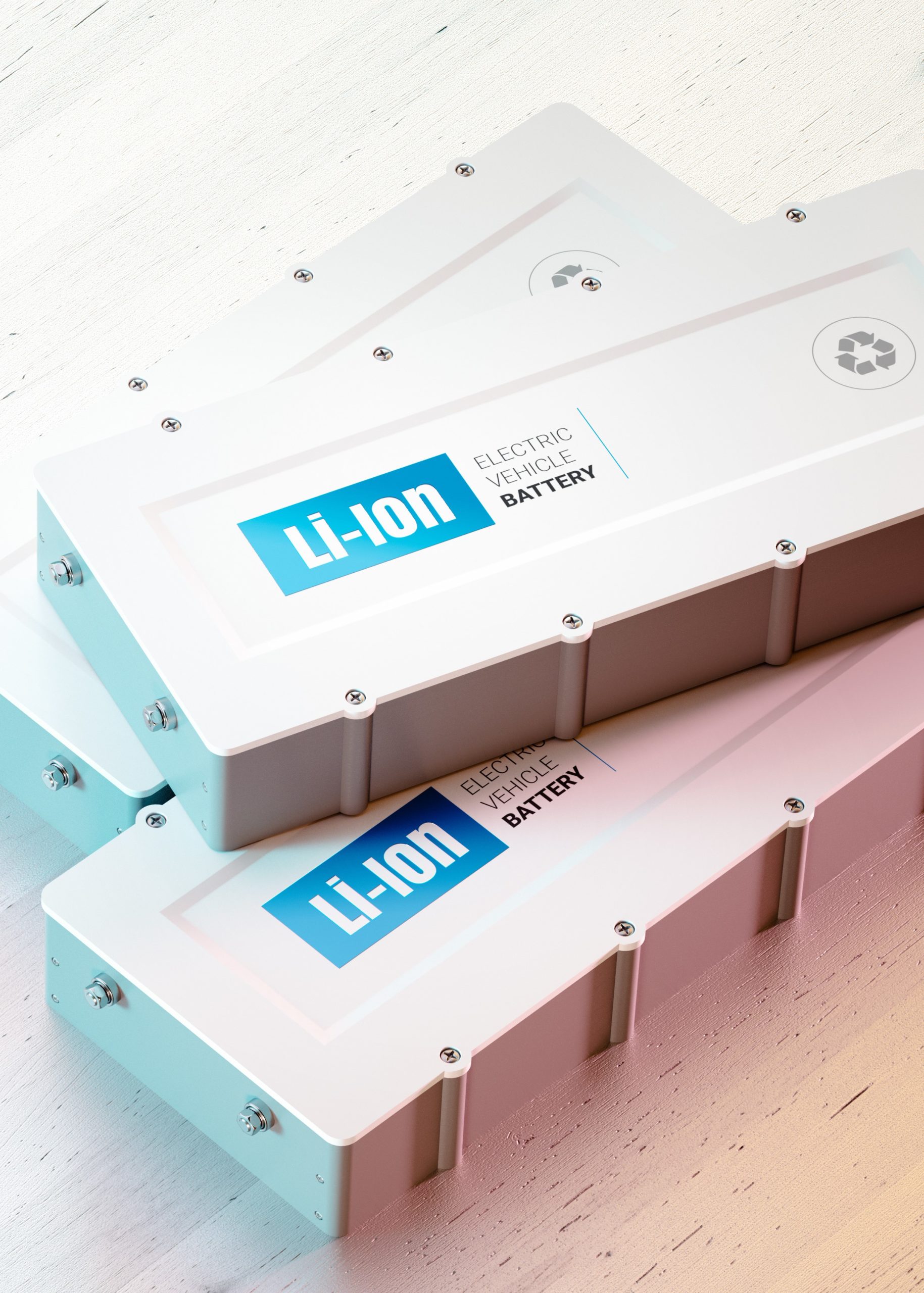 EN Li-Ion electric vehicle battery concept. Car symbol with EV batteries on wooden desk. 3d rendering