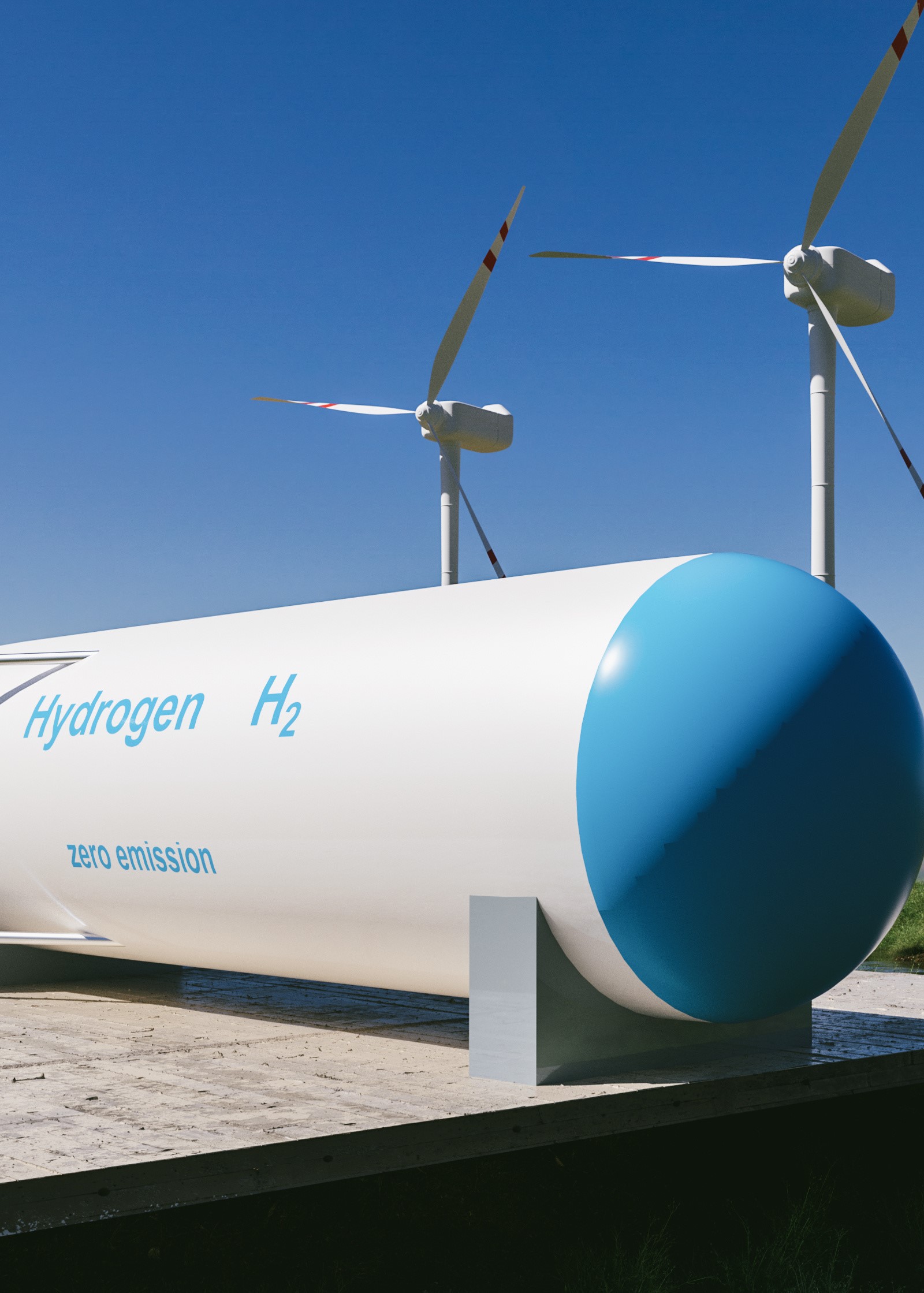 EN Hydrogen renewable energy production - hydrogen gas for clean electricity solar and windturbine facility. 3d rendering