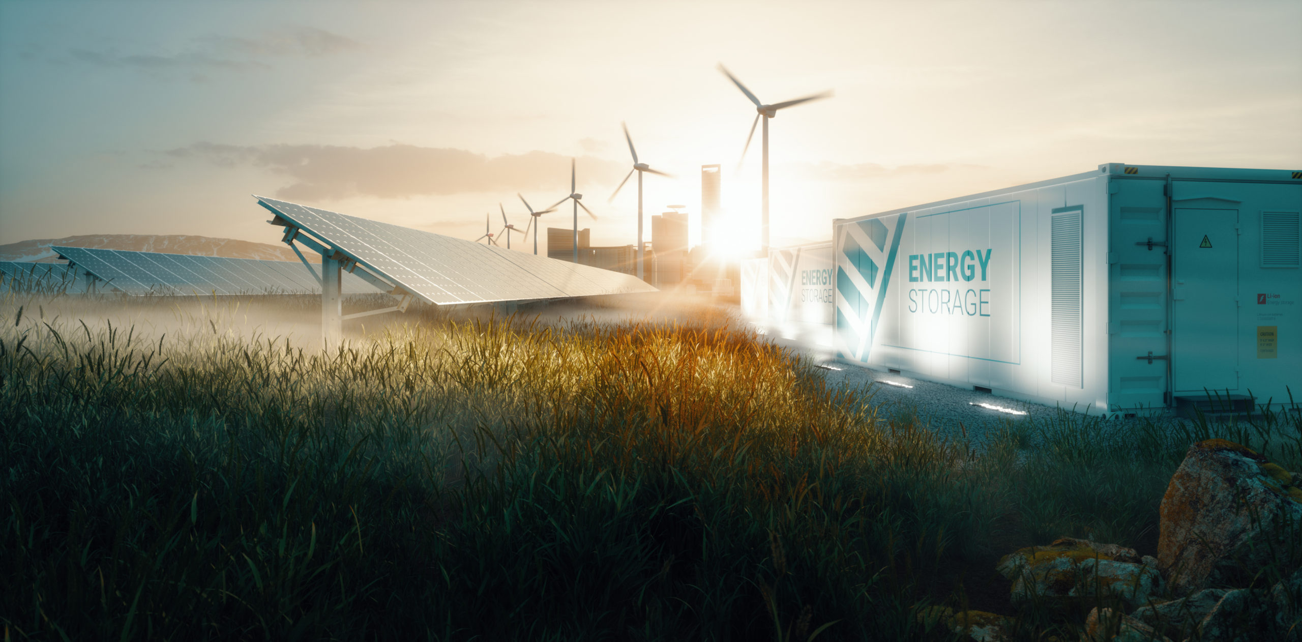 Smart Grid für erneuerbare Energie. Darstellung mit Windrädern und PV-Anlage bei Sonnenuntergang.