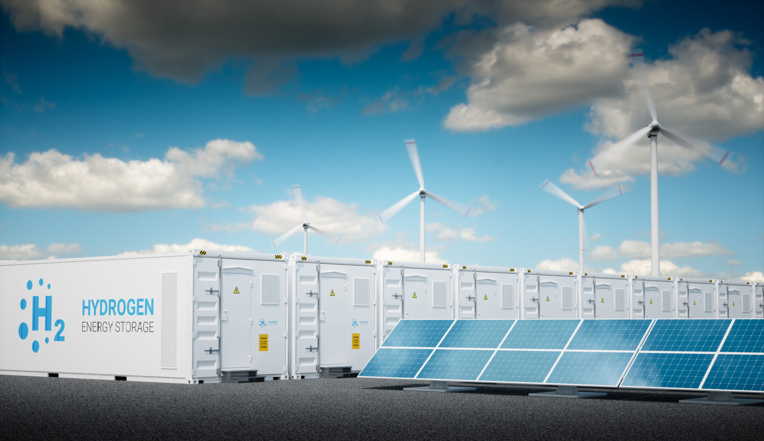 Energiespeicheranlage mit erneuerbaren Energiequellen - Photovoltaik und Windräder.