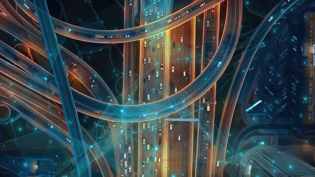 futuristische Darstellung Autobahn, KI Autos, Verkehrsbeobachtung.